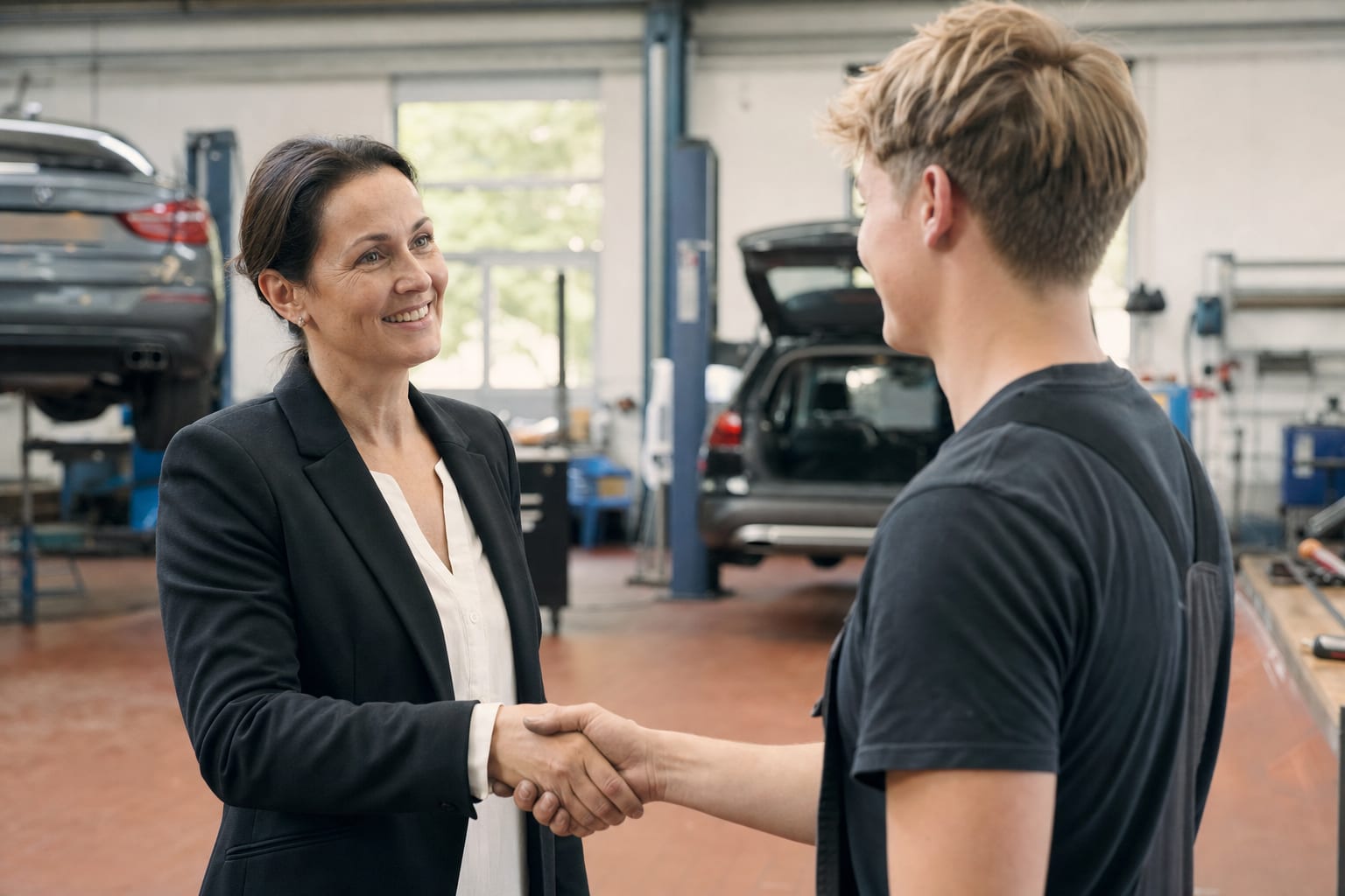 Geschäftsführer begrüßt eine neue Mitarbeiterin per Handschlag